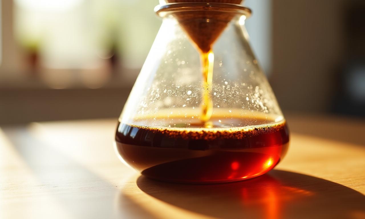 Un primo piano di una lenta estrazione di caffè specialty con Chemex