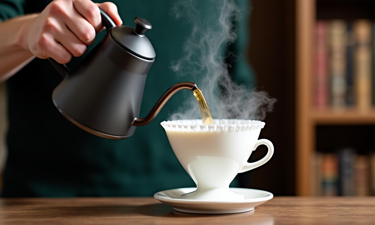 Barista che versa acqua calda con un bollitore a collo di cigno su un filtro V60