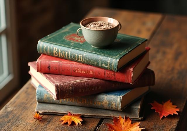 Una pila di libri autunnali accanto a una tazza di cioccolata calda