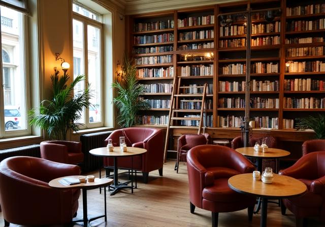 Interno accogliente di Libriana Café con librerie a muro e tavolini in legno