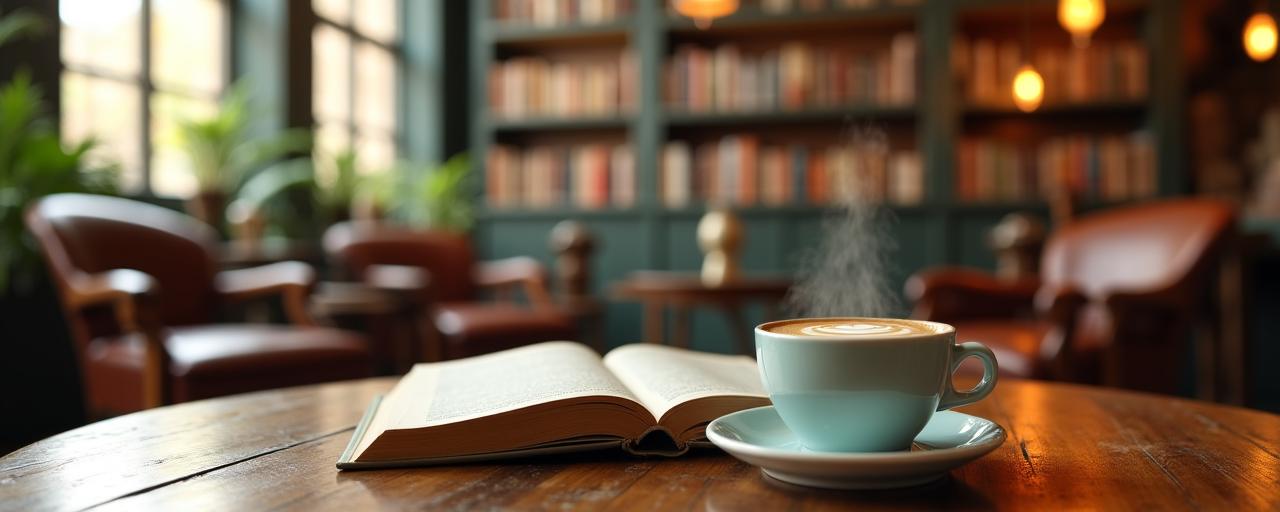 Un angolo accogliente del bar con libri e caffè fumante
